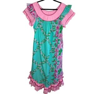 Vtg Mamo Howell Hawaiian Muumuu Dress Sz 14 Teal Pink Floral Ruffle Maxi 70s 80s
